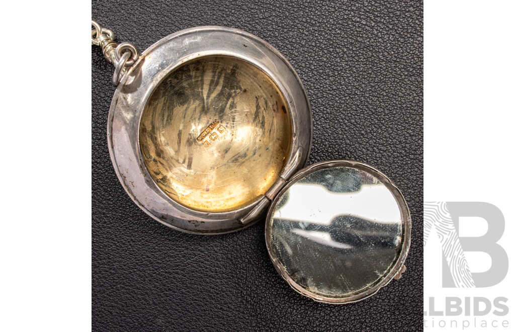 Antique Sterling Silver Twin Chain Chatelaine with Vesta Box & Powder Compact, Birmingham 1899, 65.0 Grams