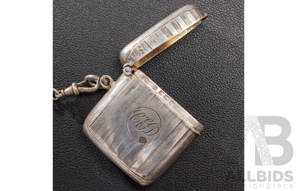 Antique Sterling Silver Twin Chain Chatelaine with Vesta Box & Powder Compact, Birmingham 1899, 65.0 Grams