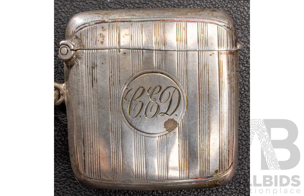Antique Sterling Silver Twin Chain Chatelaine with Vesta Box & Powder Compact, Birmingham 1899, 65.0 Grams