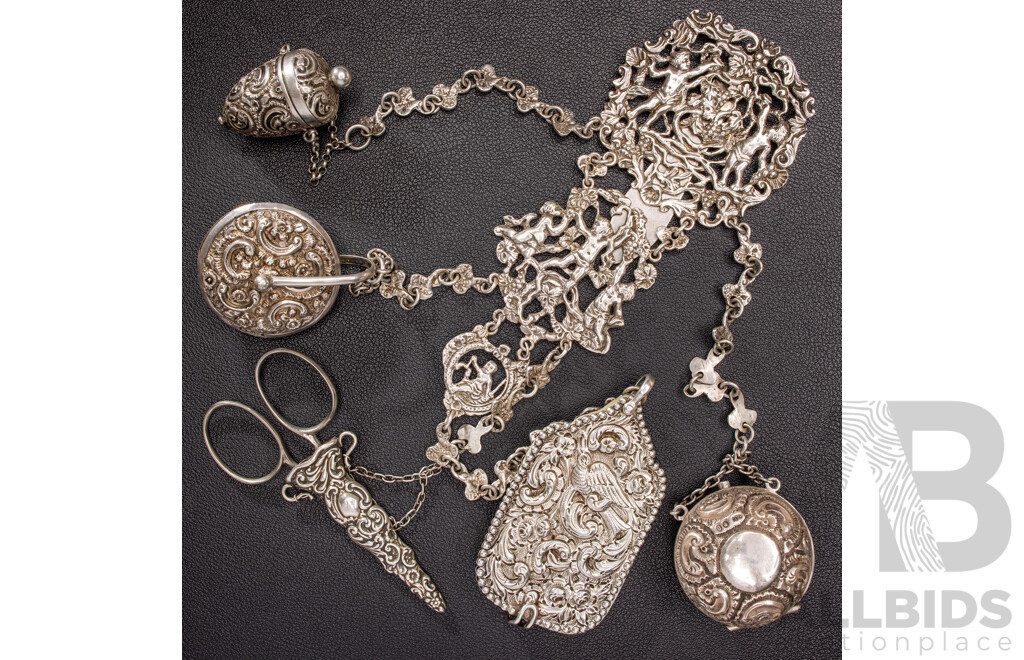 Antique Sterling Silver Chatelaine with Cherub Motifs and (5) Sterling Silver Attachments, Letter of Provenance, 173.0 Grams C.1849-1888