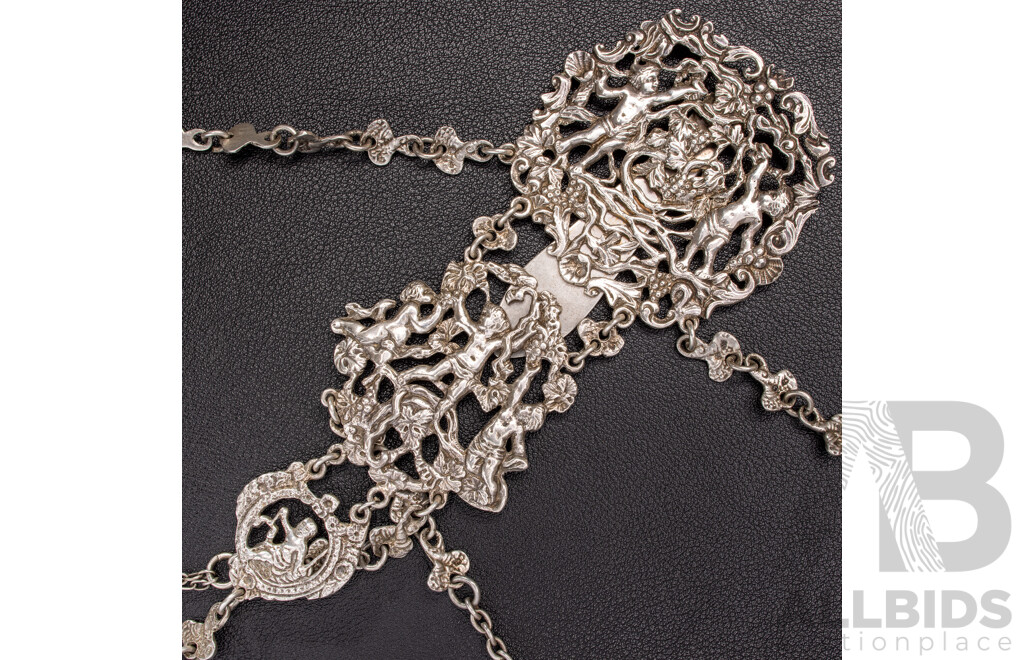 Antique Sterling Silver Chatelaine with Cherub Motifs and (5) Sterling Silver Attachments, Letter of Provenance, 173.0 Grams C.1849-1888