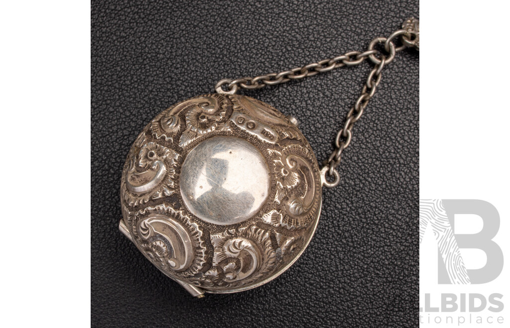 Antique Sterling Silver Chatelaine with Cherub Motifs and (5) Sterling Silver Attachments, Letter of Provenance, 173.0 Grams C.1849-1888