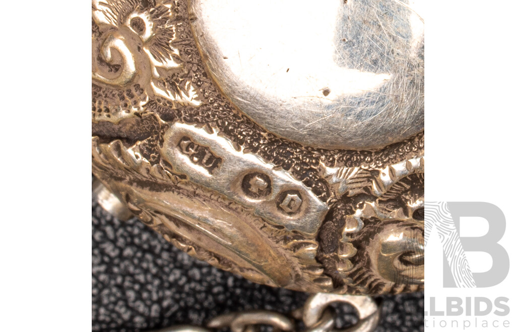 Antique Sterling Silver Chatelaine with Cherub Motifs and (5) Sterling Silver Attachments, Letter of Provenance, 173.0 Grams C.1849-1888