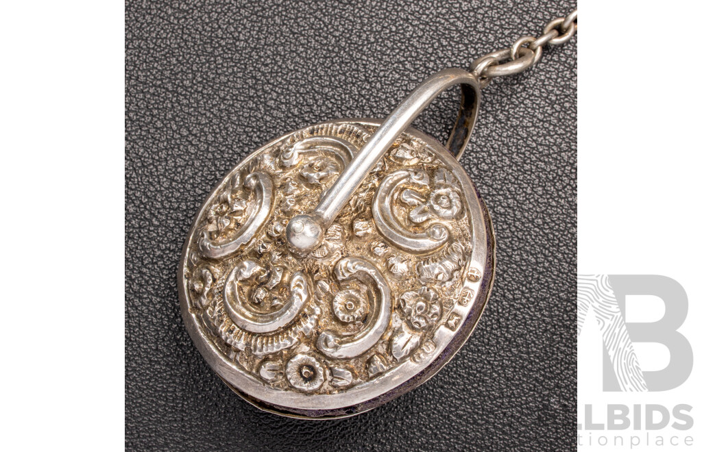 Antique Sterling Silver Chatelaine with Cherub Motifs and (5) Sterling Silver Attachments, Letter of Provenance, 173.0 Grams C.1849-1888
