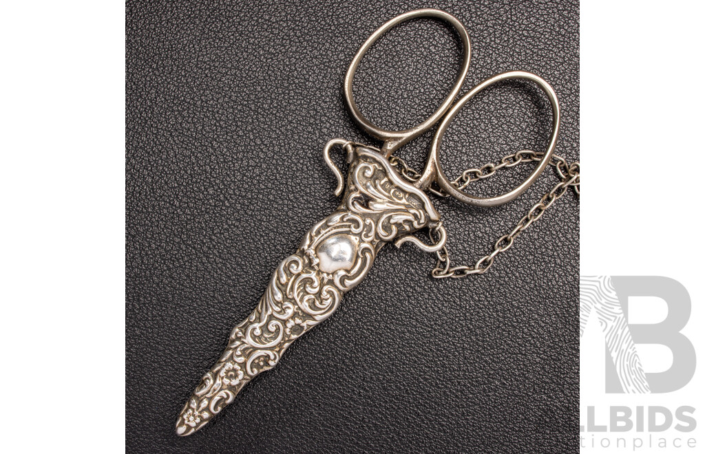 Antique Sterling Silver Chatelaine with Cherub Motifs and (5) Sterling Silver Attachments, Letter of Provenance, 173.0 Grams C.1849-1888