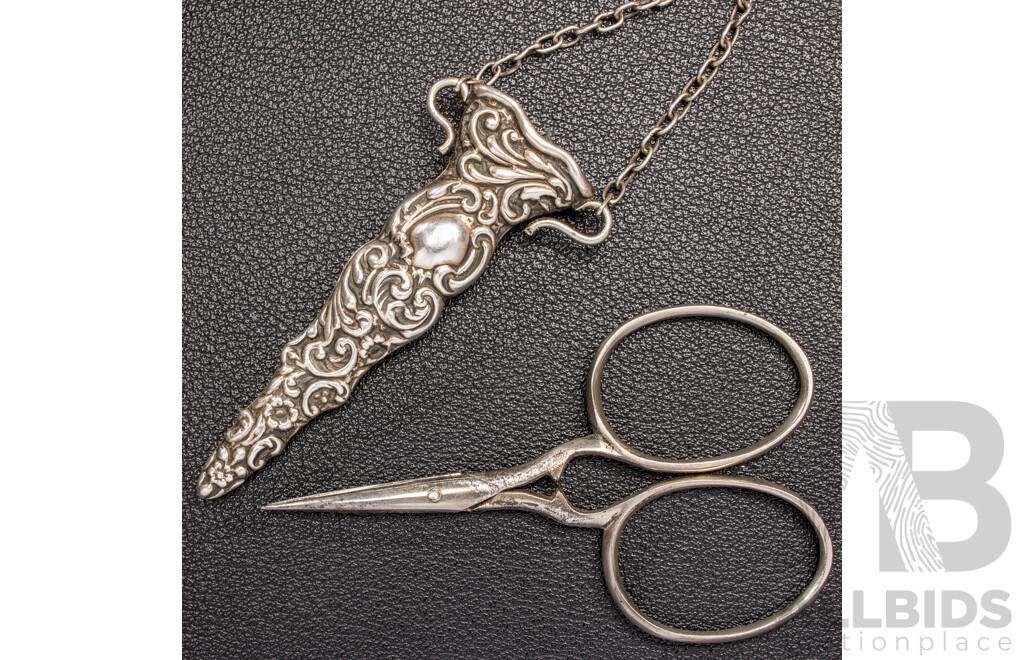 Antique Sterling Silver Chatelaine with Cherub Motifs and (5) Sterling Silver Attachments, Letter of Provenance, 173.0 Grams C.1849-1888