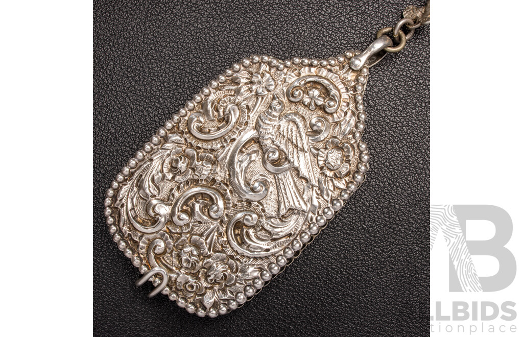 Antique Sterling Silver Chatelaine with Cherub Motifs and (5) Sterling Silver Attachments, Letter of Provenance, 173.0 Grams C.1849-1888