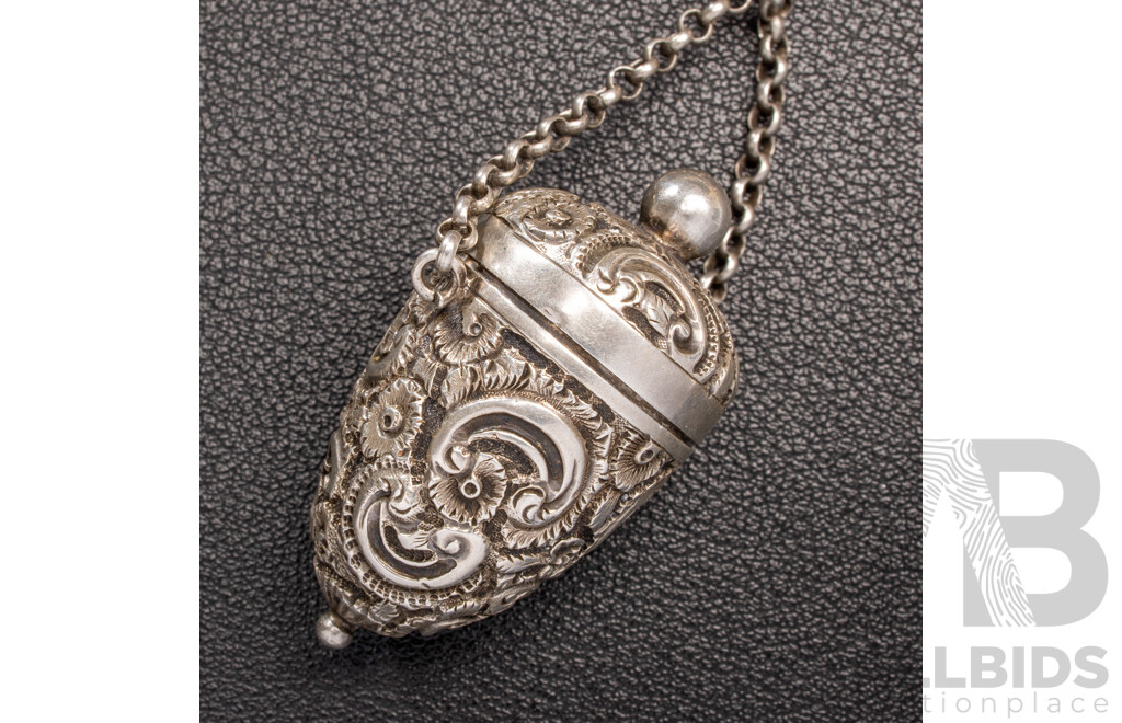 Antique Sterling Silver Chatelaine with Cherub Motifs and (5) Sterling Silver Attachments, Letter of Provenance, 173.0 Grams C.1849-1888