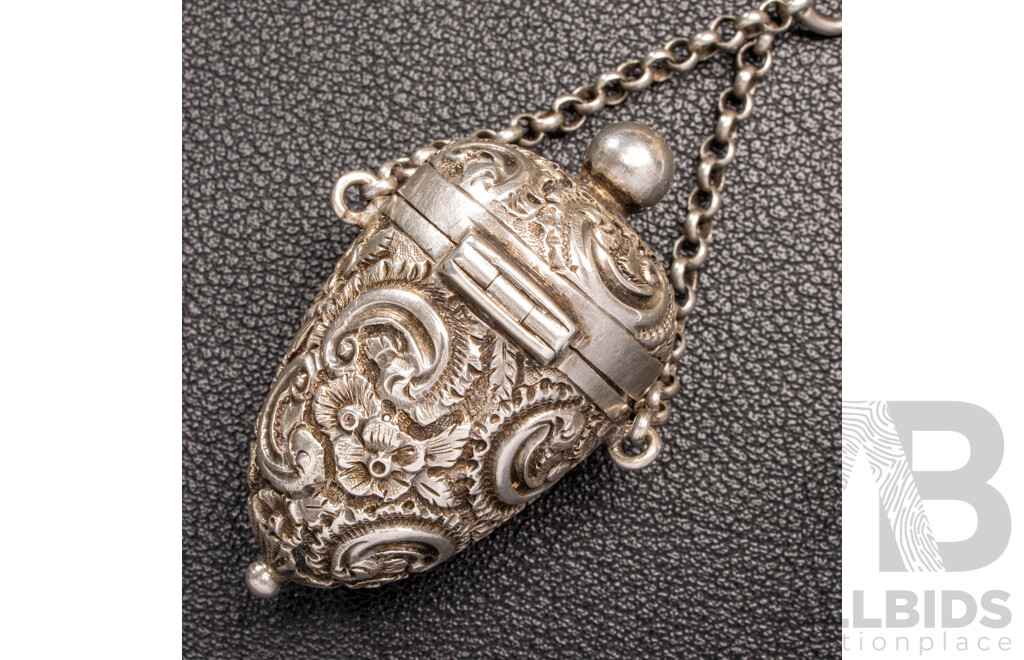 Antique Sterling Silver Chatelaine with Cherub Motifs and (5) Sterling Silver Attachments, Letter of Provenance, 173.0 Grams C.1849-1888