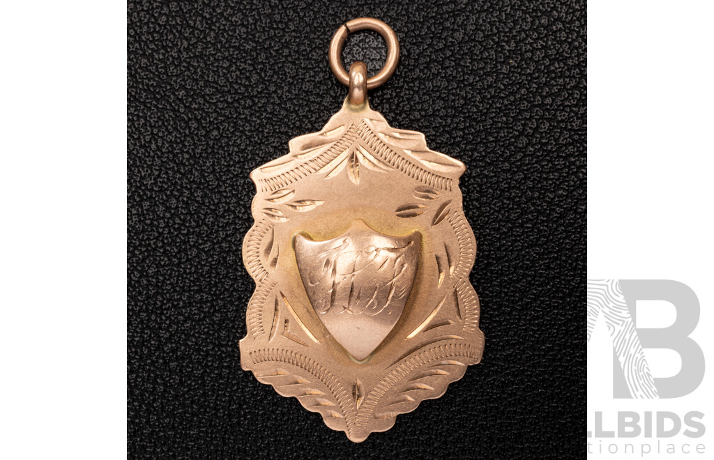 Antique 9ct Rose Gold Fob Sheild Medallion Pendant, 40mm, 4.27 Grams