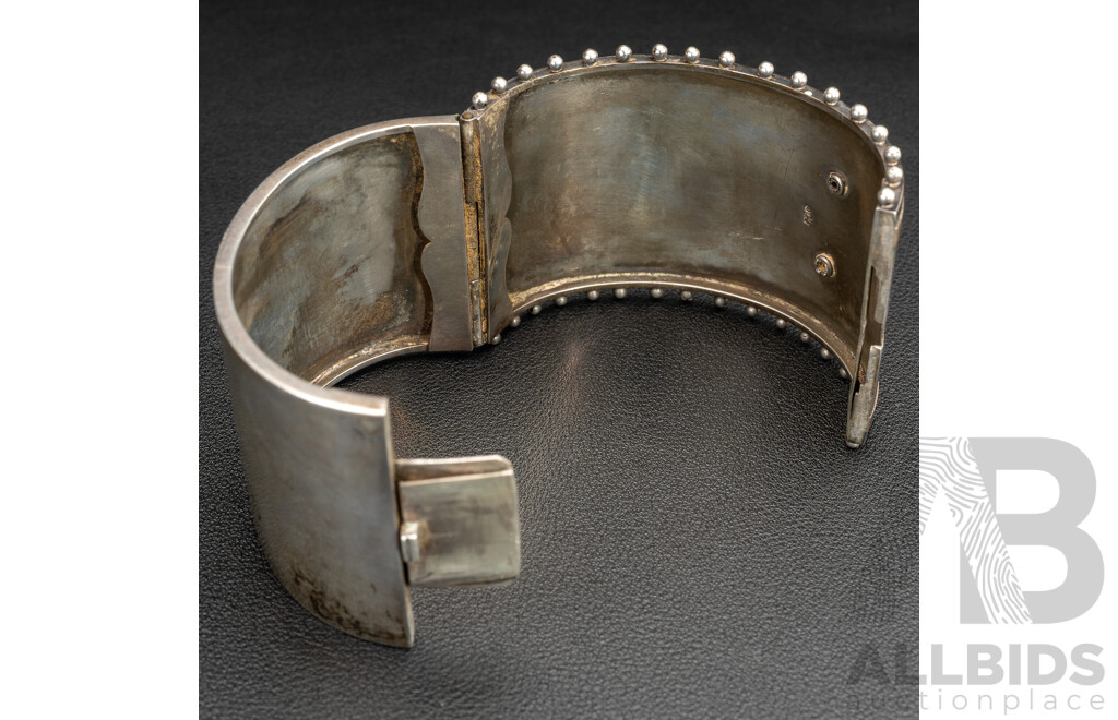 Antique Sterling Silver 1882 Birmingham Hinged Cuff Bangle, 43mm, 57mm Internal Diameter, 52.45 Grams