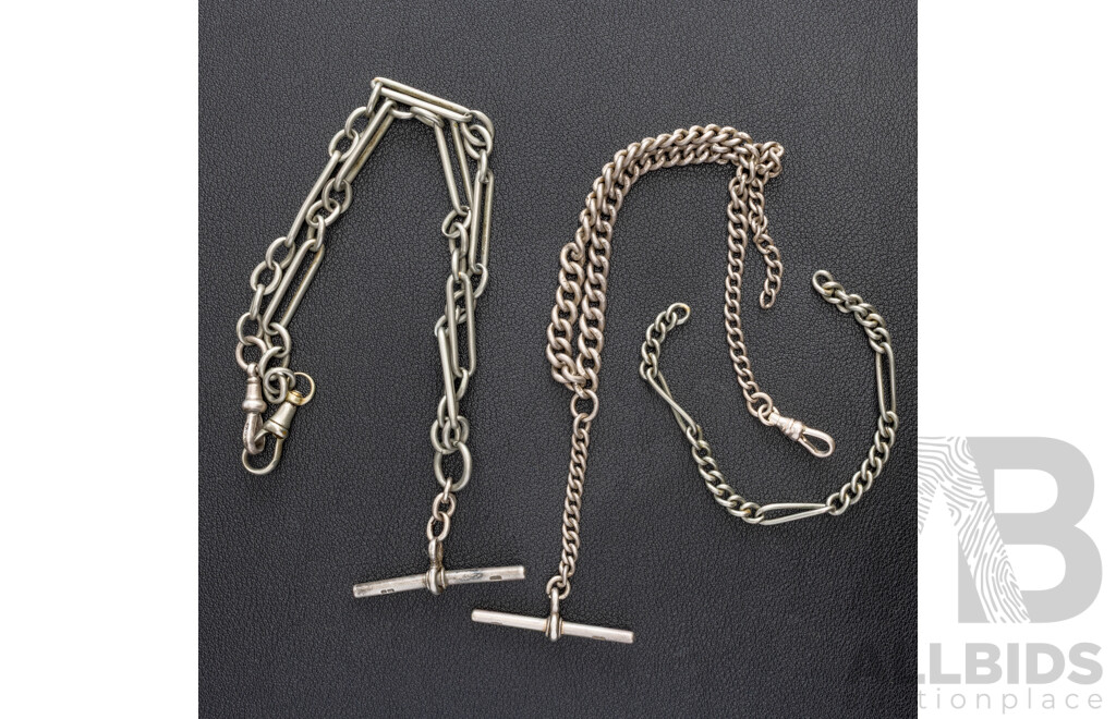 Antique Sterling Silver (2) Fob Chains, Both Birmingham 1908, with Other Silver, 53.10 Grams