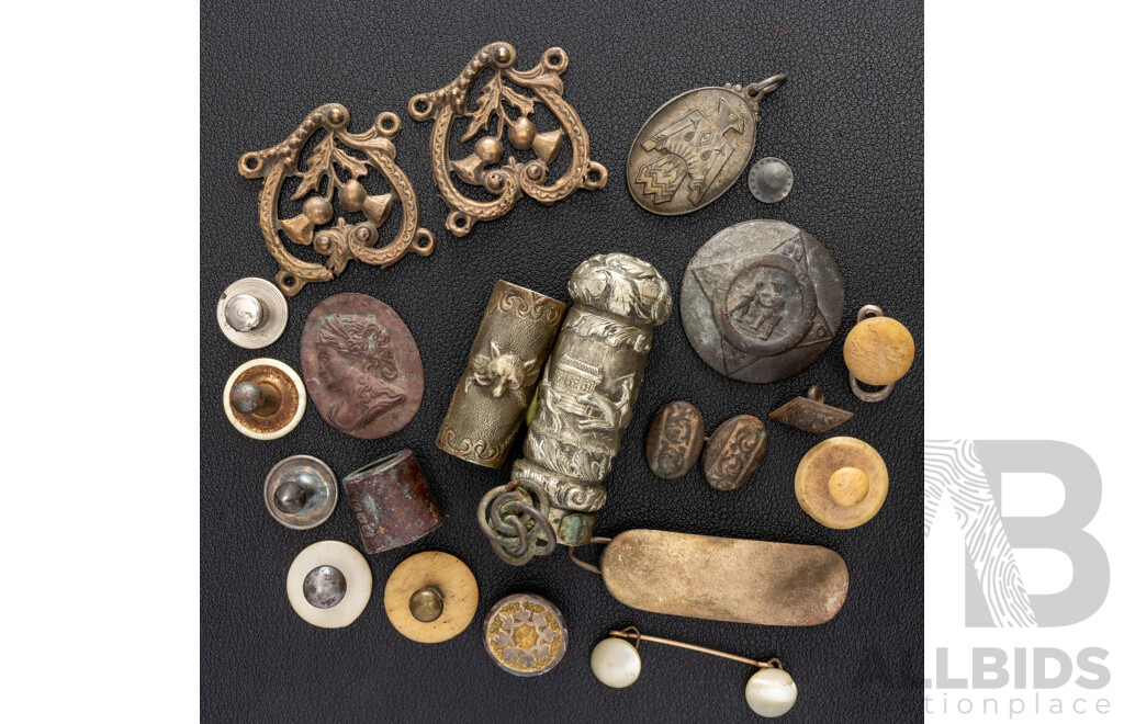 Antique Collection of Interesting Pieces Including Repousse Handle, French Fox Shell Art & Buttons