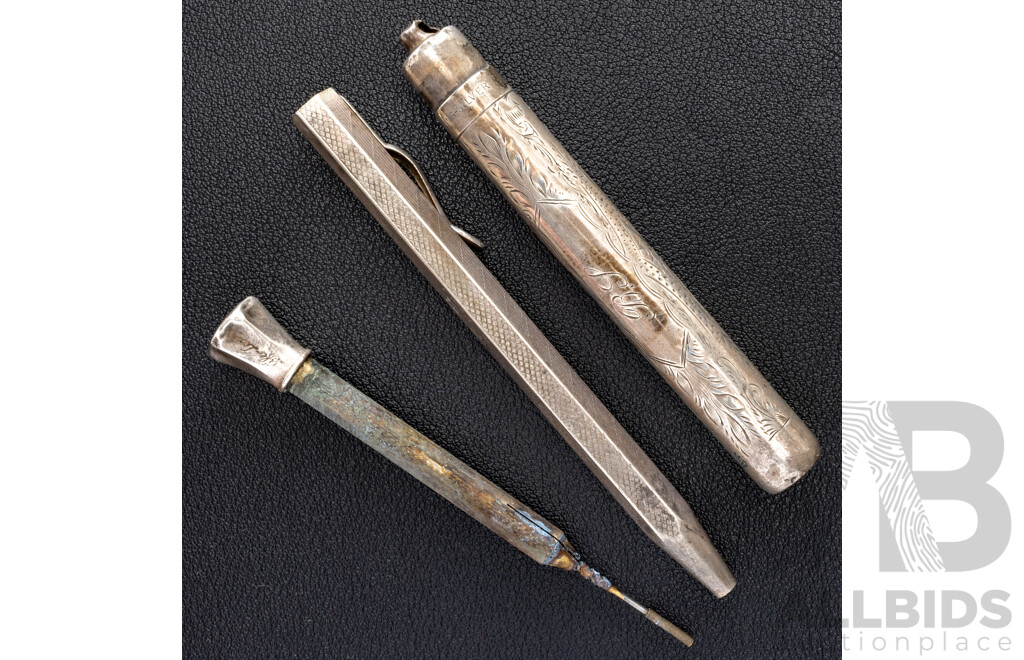 Antique Sterling Silver Pencil Holder Pendant & Vintage C.1940 Sterling Life Long Lead Holder, 44.24 Grams
