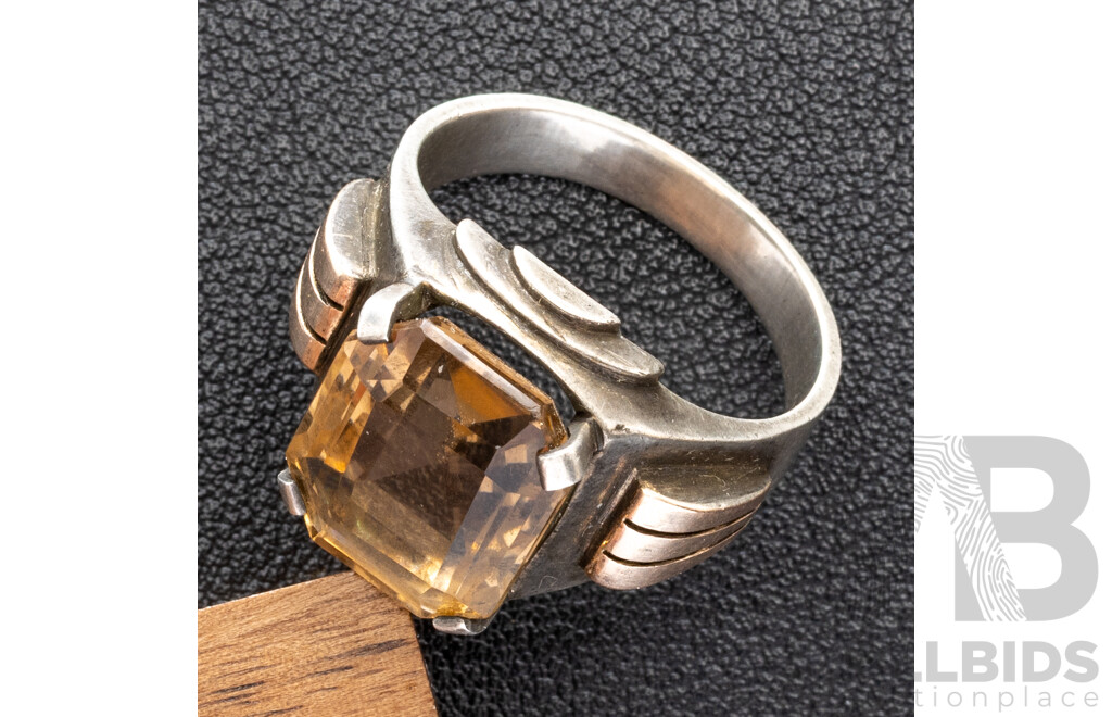 Vintage Sterling Silver Art Deco Style Smokey Citrine Ring, Size U, 13.22 Grams