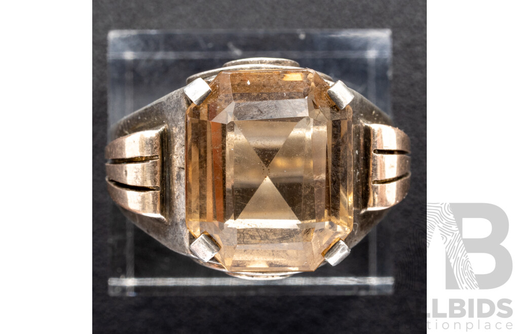 Vintage Sterling Silver Art Deco Style Smokey Citrine Ring, Size U, 13.22 Grams