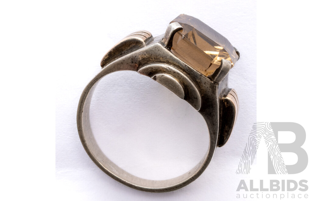 Vintage Sterling Silver Art Deco Style Smokey Citrine Ring, Size U, 13.22 Grams