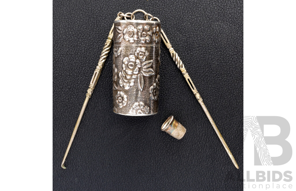 Antique Sterling Silver Floral Repousse Vessel with Sterling Cotton Spool for Chatelaine, 22.18 Grams & Tatting Hooks