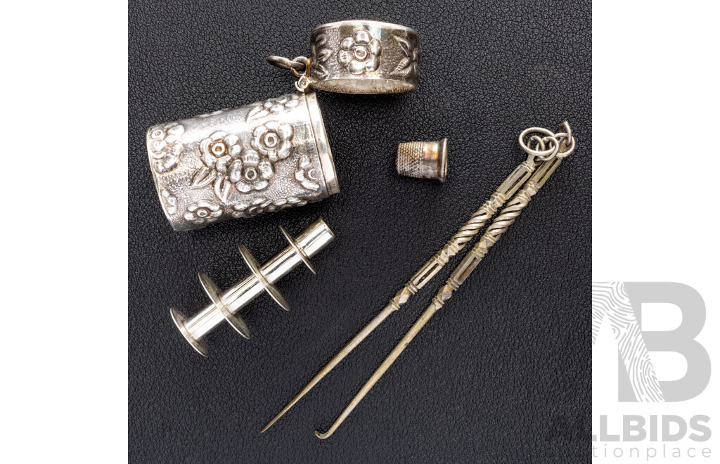 Antique Sterling Silver Floral Repousse Vessel with Sterling Cotton Spool for Chatelaine, 22.18 Grams & Tatting Hooks