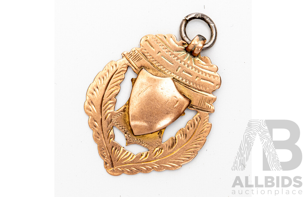 Antique 9ct Winners Medal Pendant with Cartouche, Dated 15-6-(19)14, 30mm, 2.83 Grams