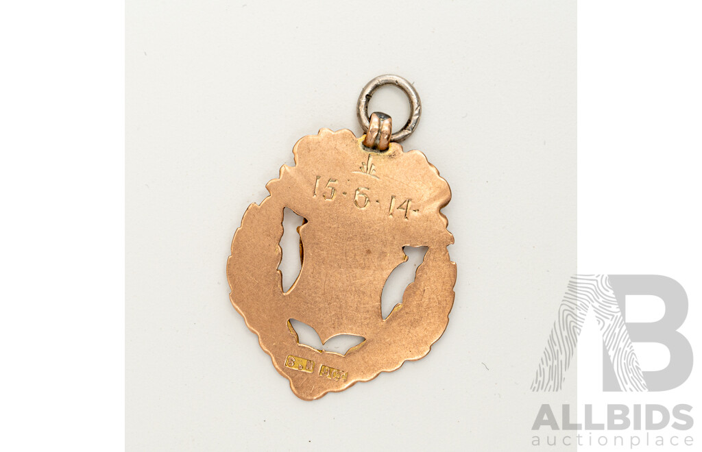 Antique 9ct Winners Medal Pendant with Cartouche, Dated 15-6-(19)14, 30mm, 2.83 Grams