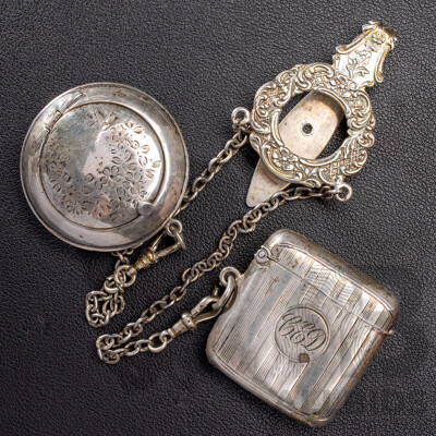 Antique Sterling Silver Twin Chain Chatelaine with Vesta Box & Powder Compact, Birmingham 1899, 65.0 Grams