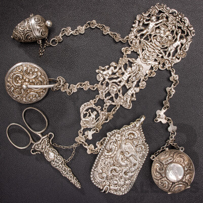 Antique Sterling Silver Chatelaine with Cherub Motifs and (5) Sterling Silver Attachments, Letter of Provenance, 173.0 Grams C.1849-1888