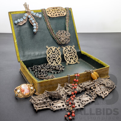 Collection of Antique & Vintage Pieces in an Early Vintage Hinged Trinket Box, Incl. Antique Panel Belt