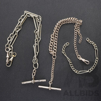 Antique Sterling Silver (2) Fob Chains, Both Birmingham 1908, with Other Silver, 53.10 Grams
