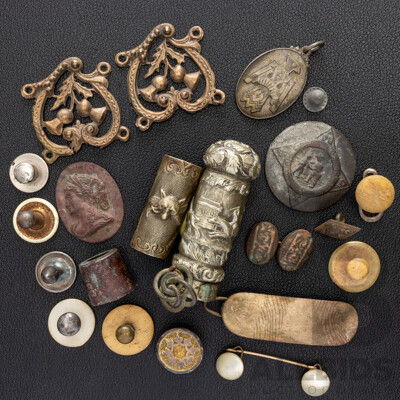 Antique Collection of Interesting Pieces Including Repousse Handle, French Fox Shell Art & Buttons