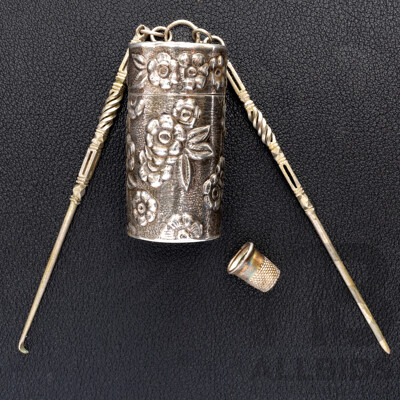 Antique Sterling Silver Floral Repousse Vessel with Sterling Cotton Spool for Chatelaine, 22.18 Grams & Tatting Hooks
