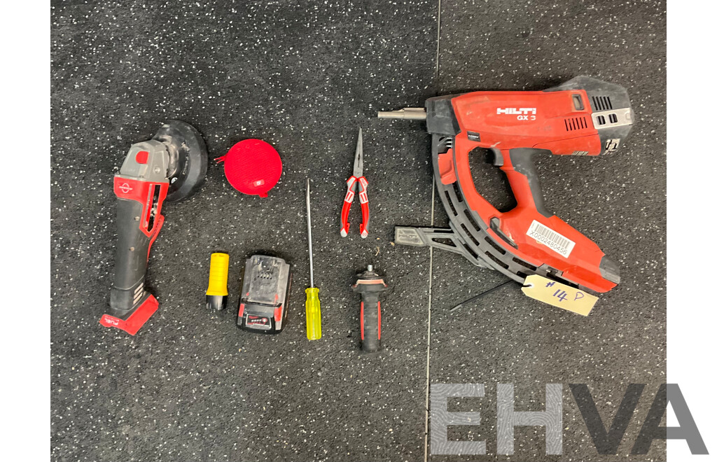 HILTI GX 3 Gas-actuated Fastening Tool & Milwaukee Angle Grinder (M18ONEFAG125XPDB) & Assorted Tools