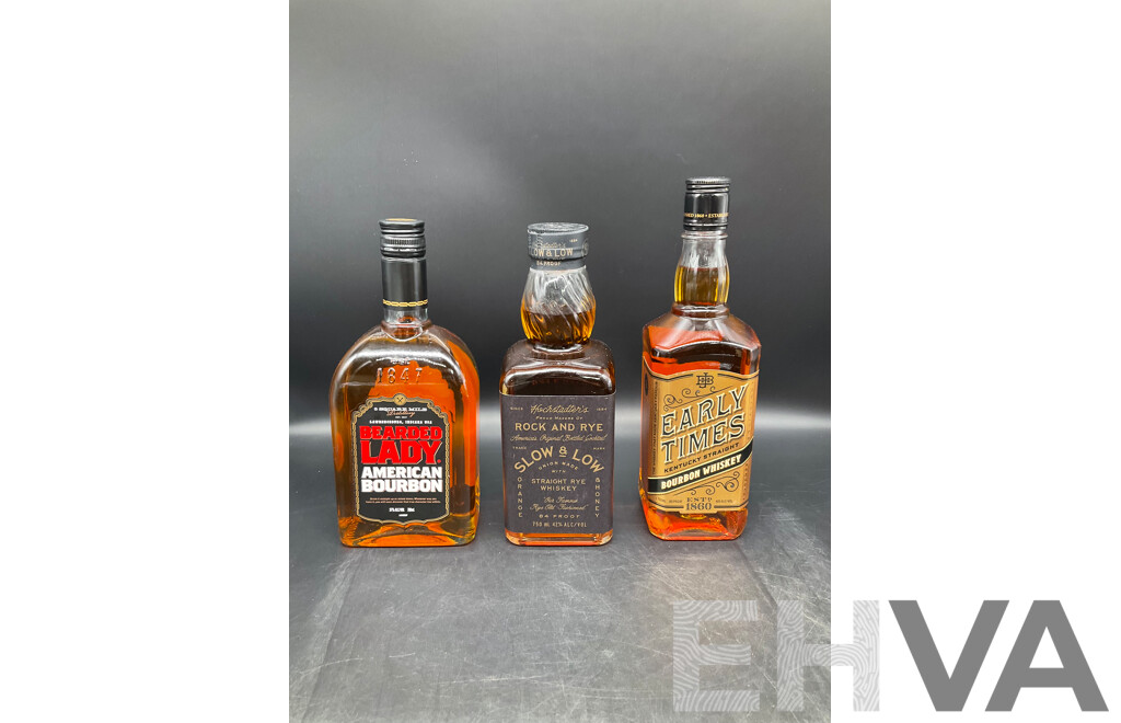 BEARDED LADY Bourbon 700ML, HOCHSTADTERS Slow & Low, Rock and Rye Whiskey 750ml, EARLY TIMES Bourbon Whisky 700ml  - Lot of 3