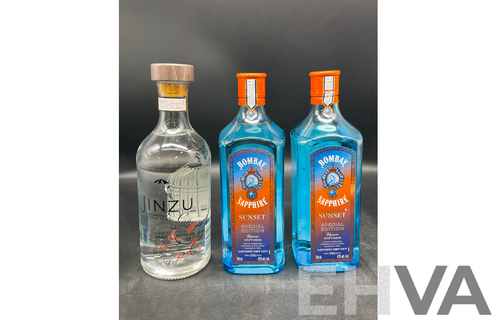 JINZU GIN 700ML, BOMBAY SAPPHIRE GIN Sunset 700ml X2  - Lot of 3