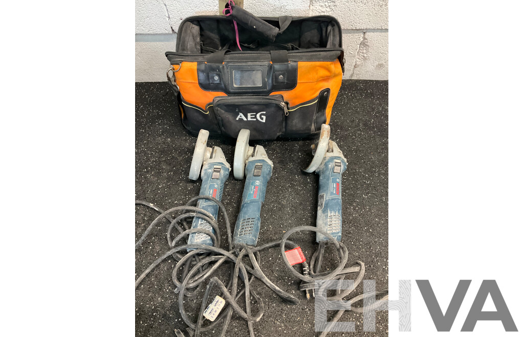 BOSH (GWS 7-125) Professional Angle Grinder X3 and AEG Carry Bag - Lot of 4