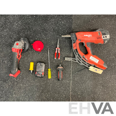 HILTI GX 3 Gas-actuated Fastening Tool & Milwaukee Angle Grinder (M18ONEFAG125XPDB) & Assorted Tools