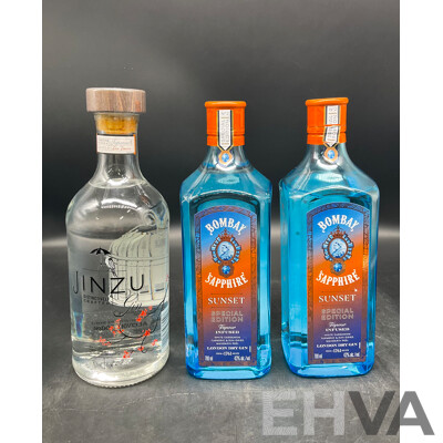 JINZU GIN 700ML, BOMBAY SAPPHIRE GIN Sunset 700ml X2  - Lot of 3