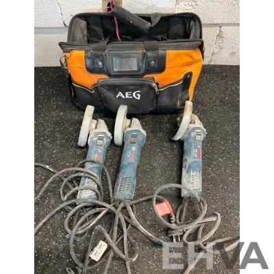BOSH (GWS 7-125) Professional Angle Grinder X3 and AEG Carry Bag - Lot of 4