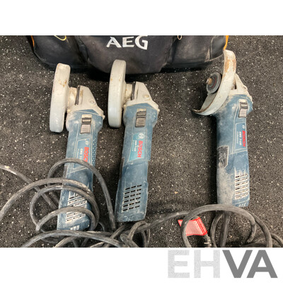 BOSH (GWS 7-125) Professional Angle Grinder X3 and AEG Carry Bag - Lot of 4