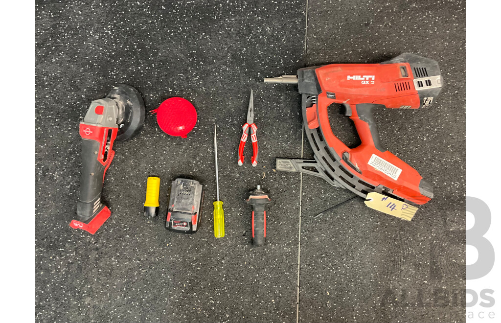 HILTI GX 3 Gas-actuated Fastening Tool & Milwaukee Angle Grinder (M18ONEFAG125XPDB) & Assorted Tools