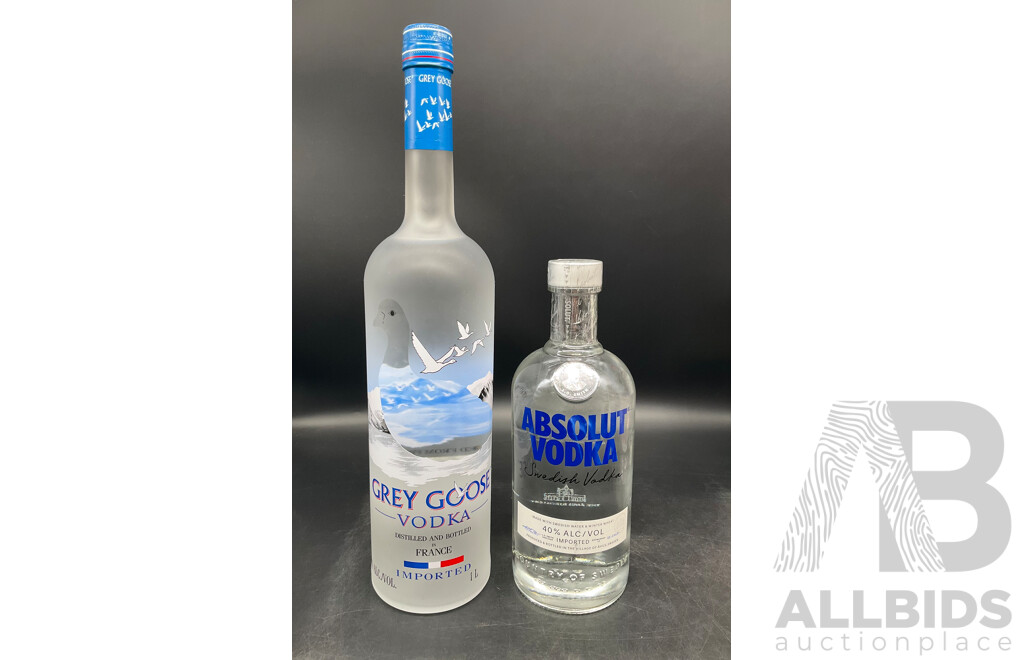 GREY GOOSE Vodka 1000ML, ABSOLUT Vodka 700ml - Lot of 2