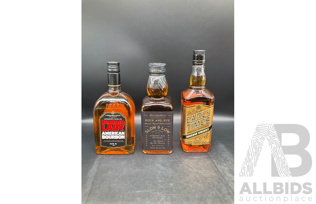 BEARDED LADY Bourbon 700ML, HOCHSTADTERS Slow & Low, Rock and Rye Whiskey 750ml, EARLY TIMES Bourbon Whisky 700ml  - Lot of 3