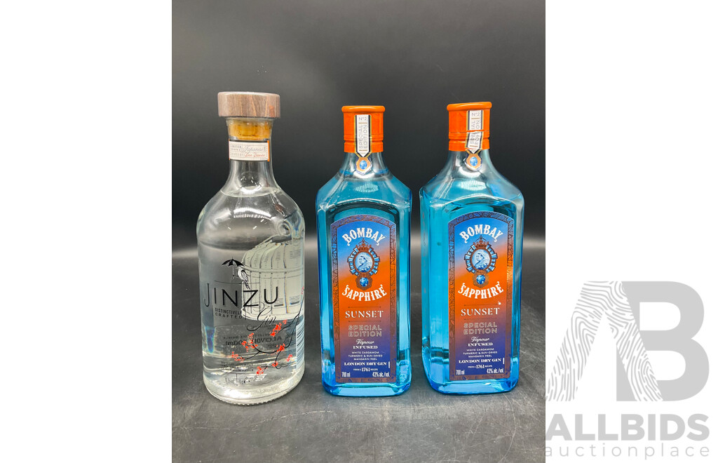 JINZU GIN 700ML, BOMBAY SAPPHIRE GIN Sunset 700ml X2  - Lot of 3