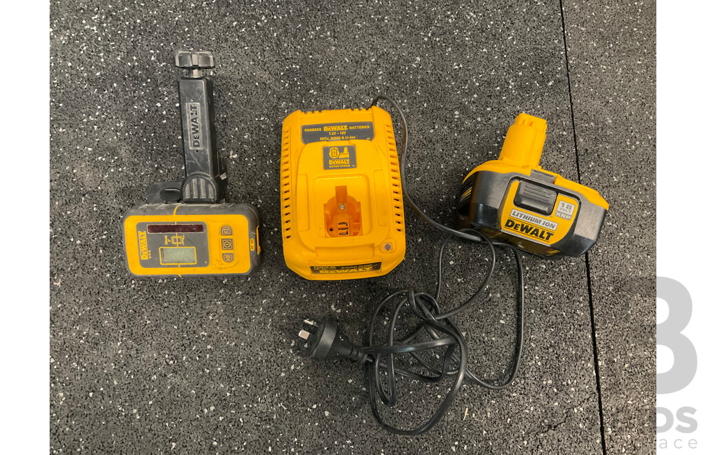 DEWALT (DE0892-XE) Digital Laser Detector, DEWALT (DC9310-XE) Battery Charger, DEWALT 18V XRP Lithium-ion Battery - Lot of 3