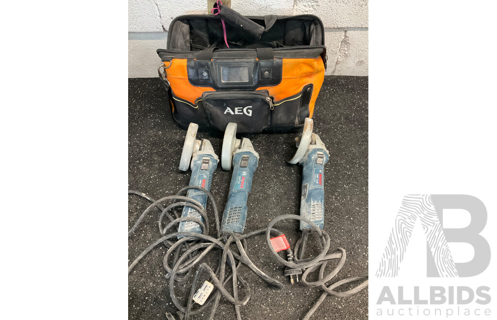BOSH (GWS 7-125) Professional Angle Grinder X3 and AEG Carry Bag - Lot of 4