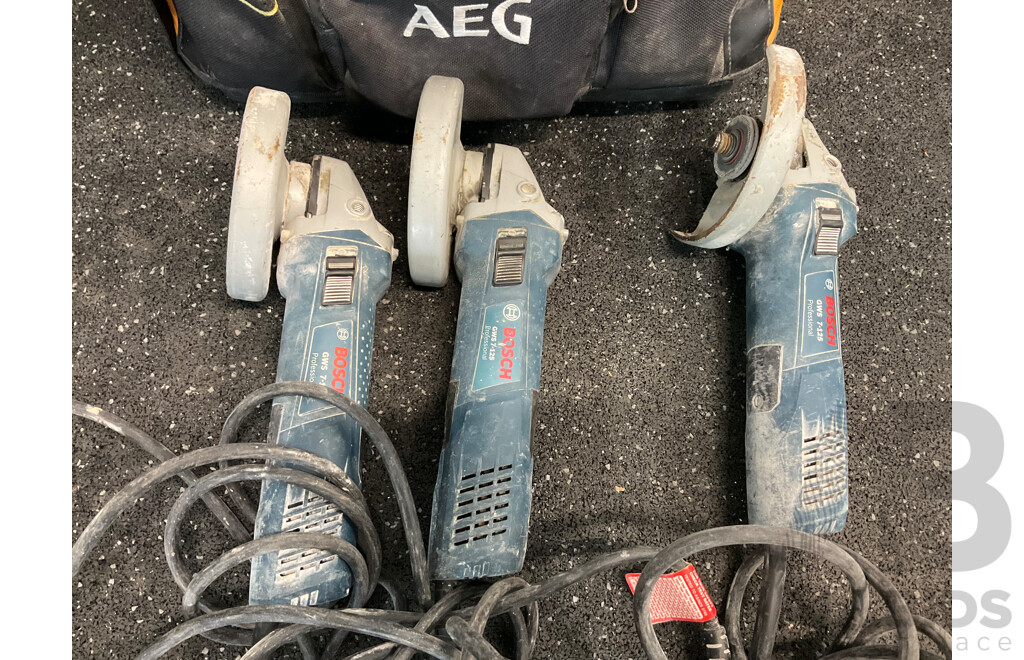 BOSH (GWS 7-125) Professional Angle Grinder X3 and AEG Carry Bag - Lot of 4
