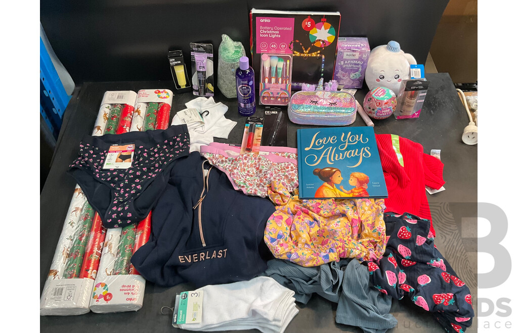 Asorted Lot of Childrens Clothing, Cosmetics, Toys and Christmas Wrapping Paper