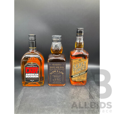 BEARDED LADY Bourbon 700ML, HOCHSTADTERS Slow & Low, Rock and Rye Whiskey 750ml, EARLY TIMES Bourbon Whisky 700ml  - Lot of 3