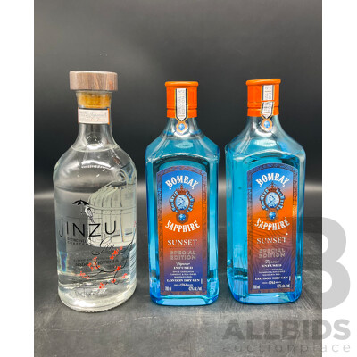 JINZU GIN 700ML, BOMBAY SAPPHIRE GIN Sunset 700ml X2  - Lot of 3