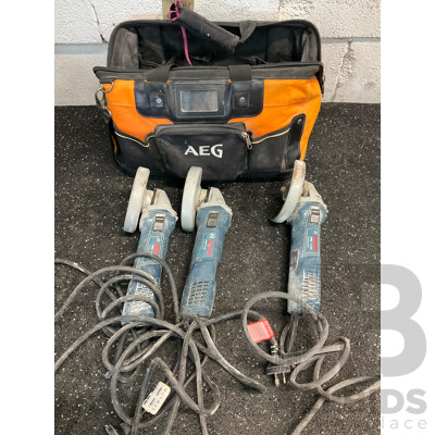 BOSH (GWS 7-125) Professional Angle Grinder X3 and AEG Carry Bag - Lot of 4